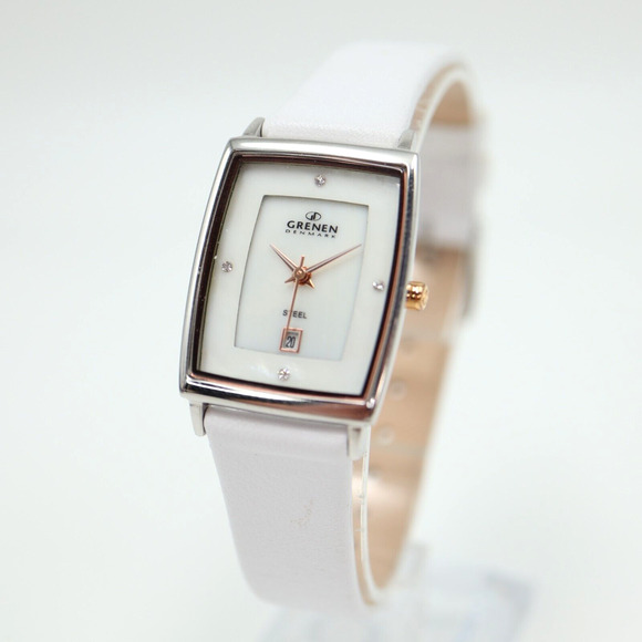 Grenen Denmark Womens Watch 23mm MOP Barrel Date White Leather w New Battery - Picture 1 of 15